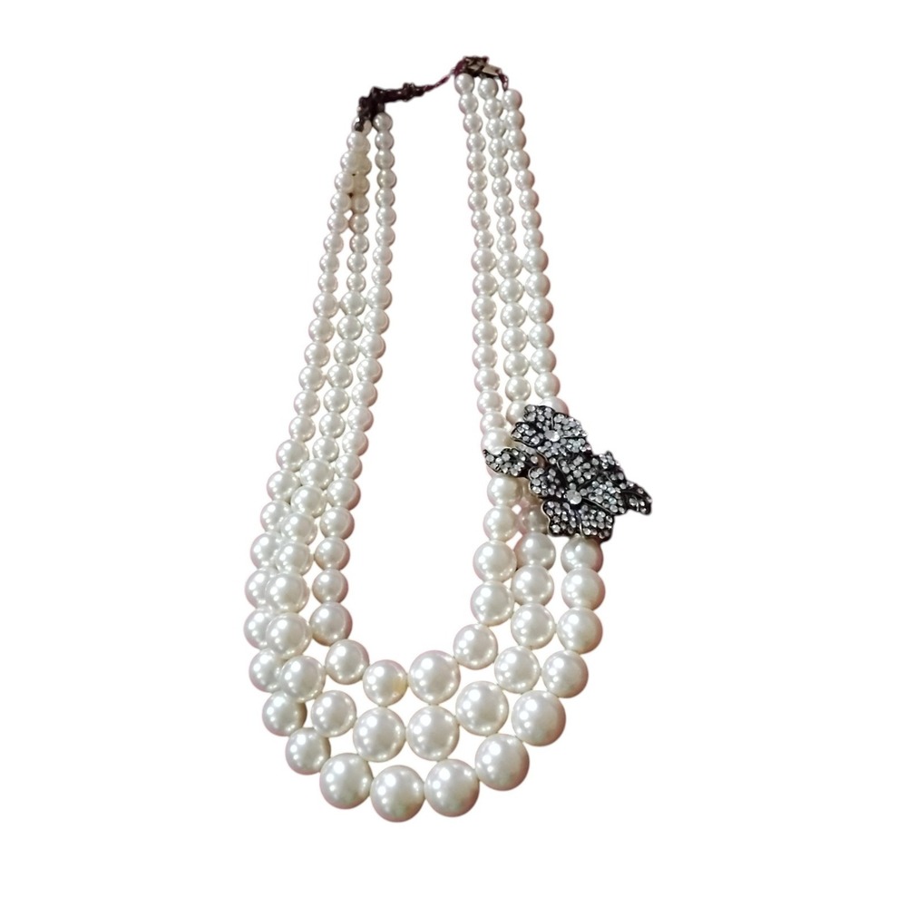 Triple Strand Faux Pearl Statement Necklace Rhinestone Flower Accent Cream Gold
